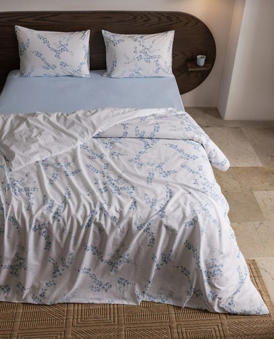 Set lenjerie pat dublu, 100% bumbac ranforce, cu imprimeu, albastru