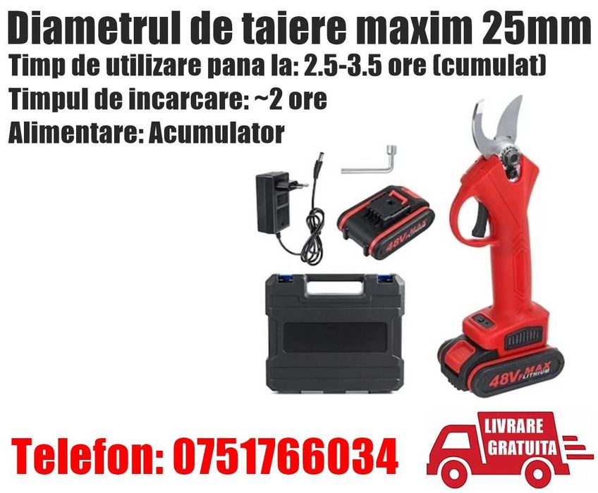 Foarfeca Electrica 2 Acumulatori Rosie Tuns Vie Pomi Crengi Gradina SM