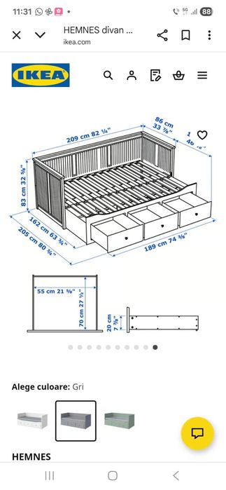 Pat ikea gri cu sertare