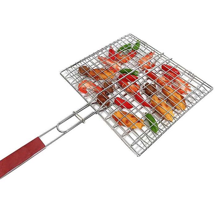 Преносима скара за печене на жар, 35x25см, с дървена дръжка 25см