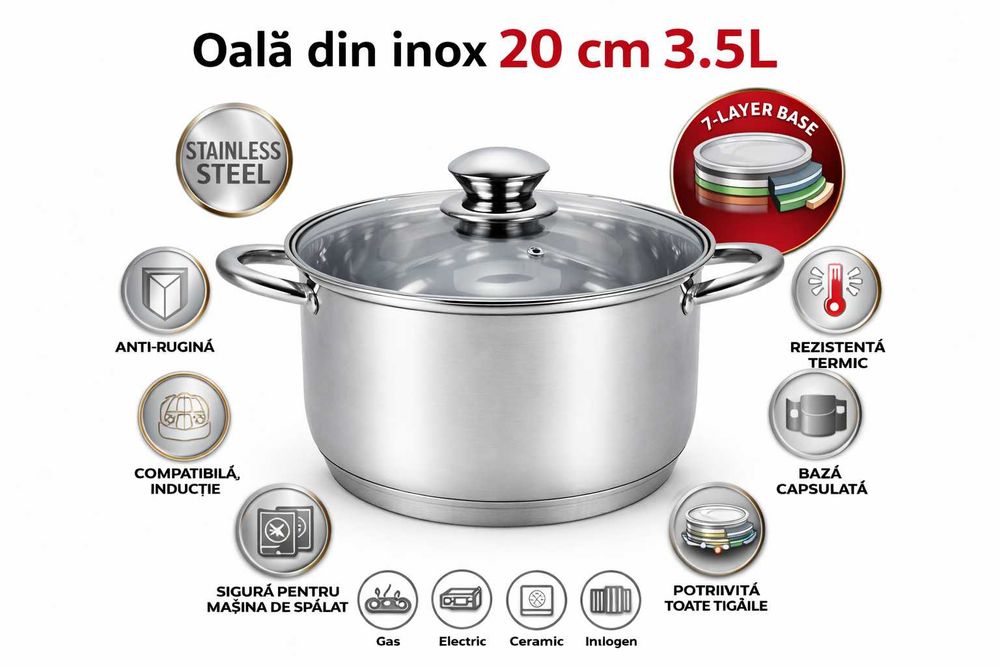 Oala inox Swiss Z Line 20 cm cu capac sticla 3.5 L