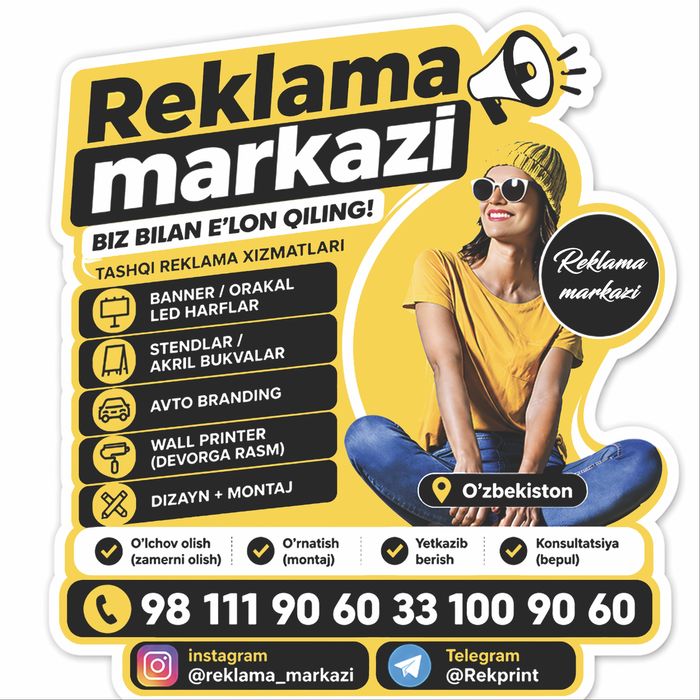 Tashqi va ichki reklama bukva, banner,Led ekran, Devorga rasim chizish