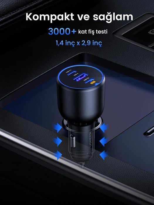 UGREEN авто зарядно USB-C 130W с 3 порта за лаптоп и телефон