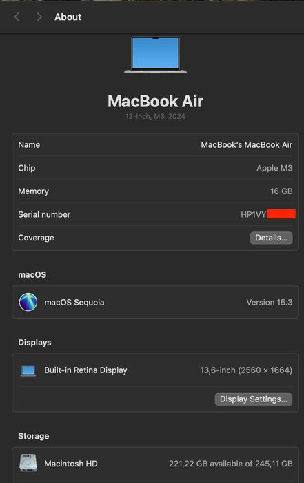 MacBook Air M3 13" 16GB/256GB Space Gray (2024) Идеальное состояние