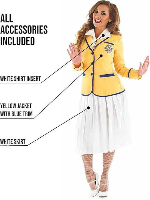 Costum Fancy Dress Dama Gazda Tabara de Vacanta Holiday Camp Hostess Retro Anii 80 90, Petrecere Tematica, Jacheta Galbena Insert Camasa Fusta Alba