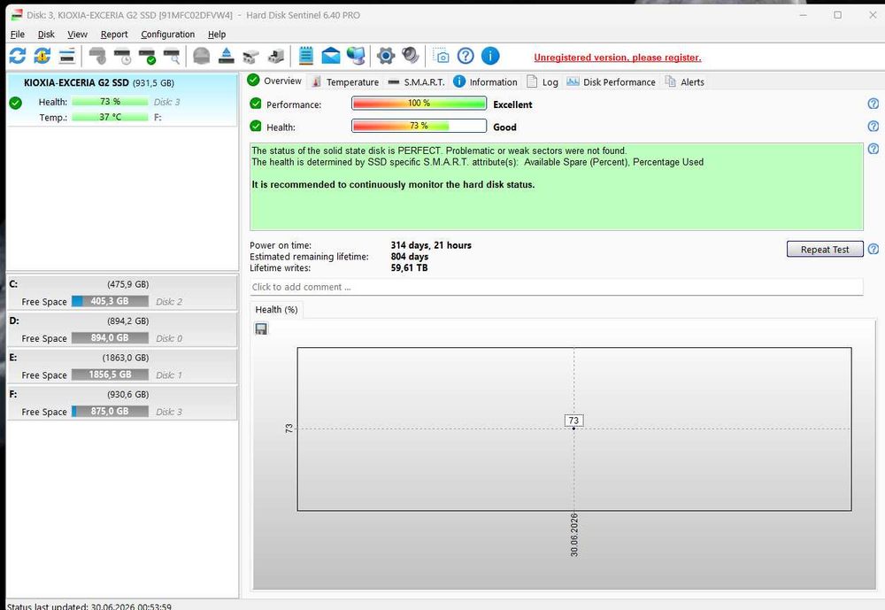 SSD NVMe M.2 KIOXIA Exceria G2 1TB – 73% Health – Testat 7