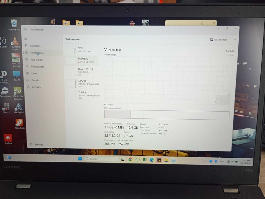 Lenovo Thinkpad T570 i5 7200u 16gb ddr4, Nvidia Geforce 2gb