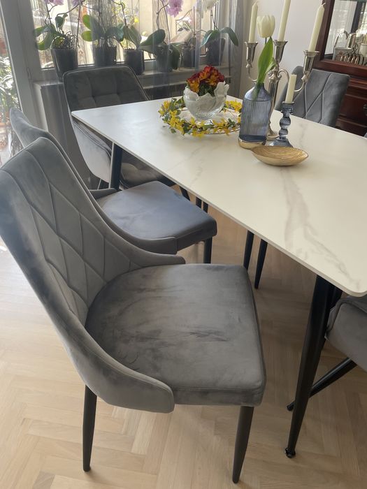 Маса за хранене с керамичен плот и 6 стилни стола/ нови/
