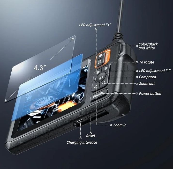 Ендоскопска камера двойна леща 4.3" IPS екран 1080p Ендоскоп Бароскоп