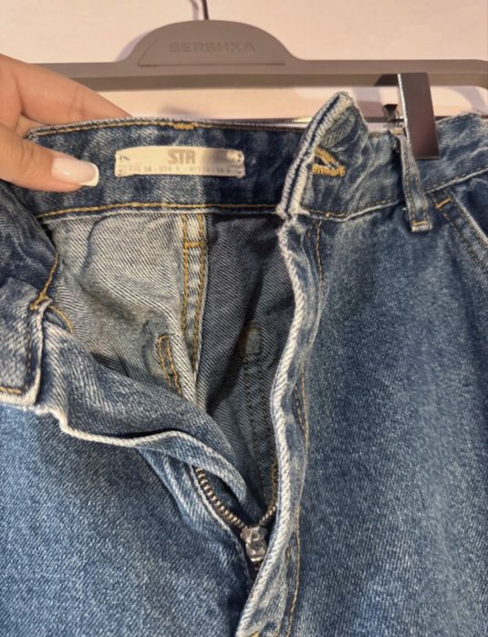 Blugi albastri, talie inalta, Cargo, Stradivarius, 36(S)