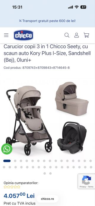 Carucior 3 in 1 Chicco Seety culoare crem