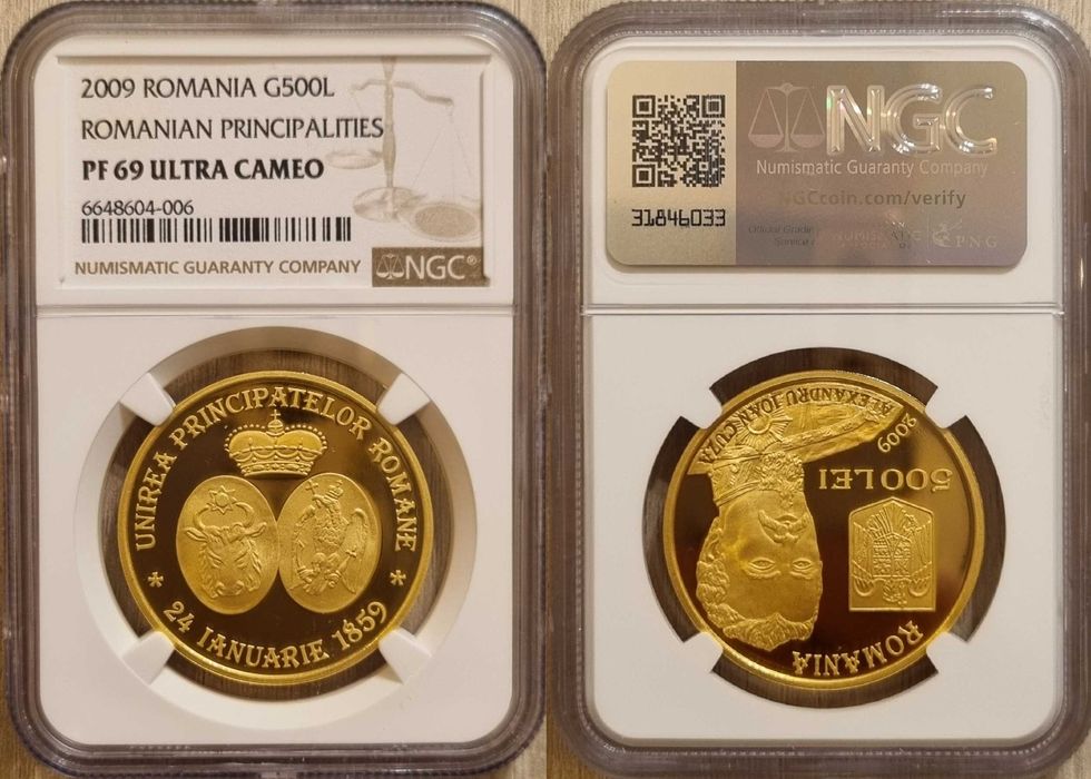 Moneda aur BNR 500 lei, Unirea Principatelor, gradata NGC PF 69
