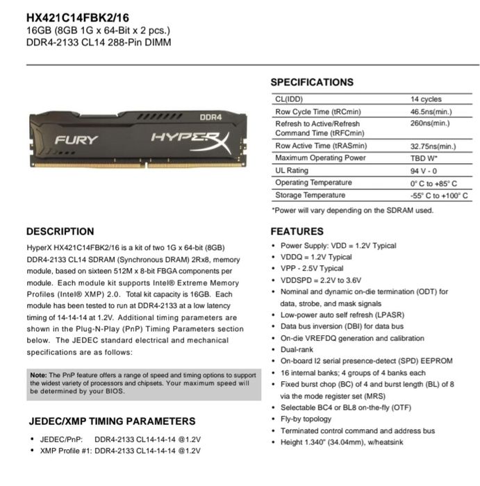 8GB DDR4 hingston  2133MHz