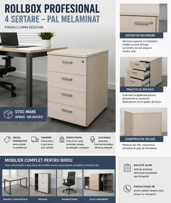 Stoc 100 buc Rollbox cu 4 Sertare finisaj lemn deschis; Casetiera 72x43x60 cm; Dulap de birou