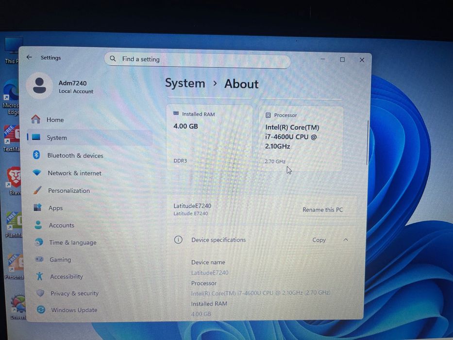 Laptop Dell Latitude E7240, I7-4600/2,1gHZ,SSD 256GB, baterie NOUA,W11