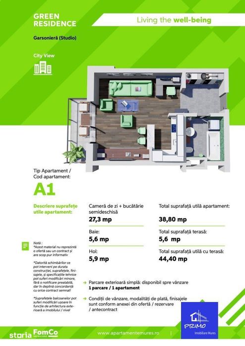 Apartamente noi, 1 camera, tip studio finisate in Green Residence