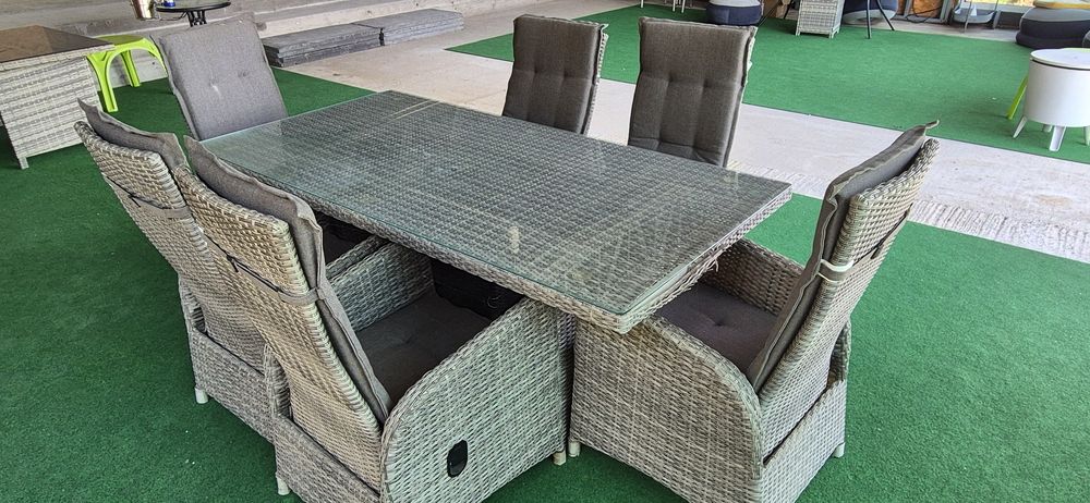 Set mobilier grădină premium – Masă + 6 scaune rabatabile, blat sticlă