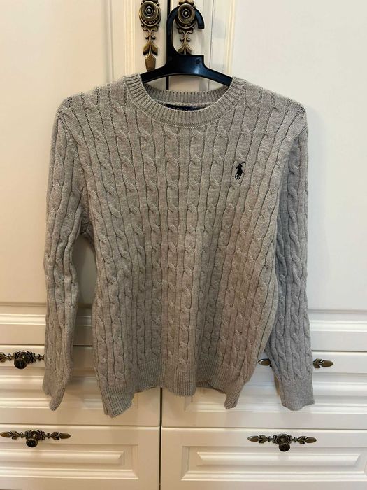 Pulover Ralph Lauren gri, model cablu, logo negru – mărimea M