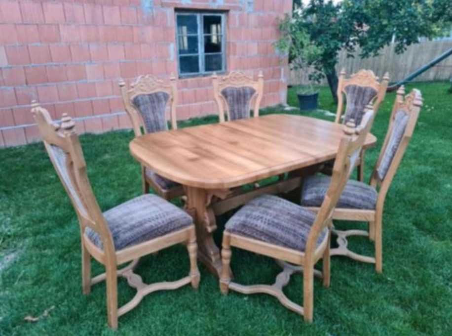 Масивна трапезна маса с 6 резбовани стола - винтидж, масив