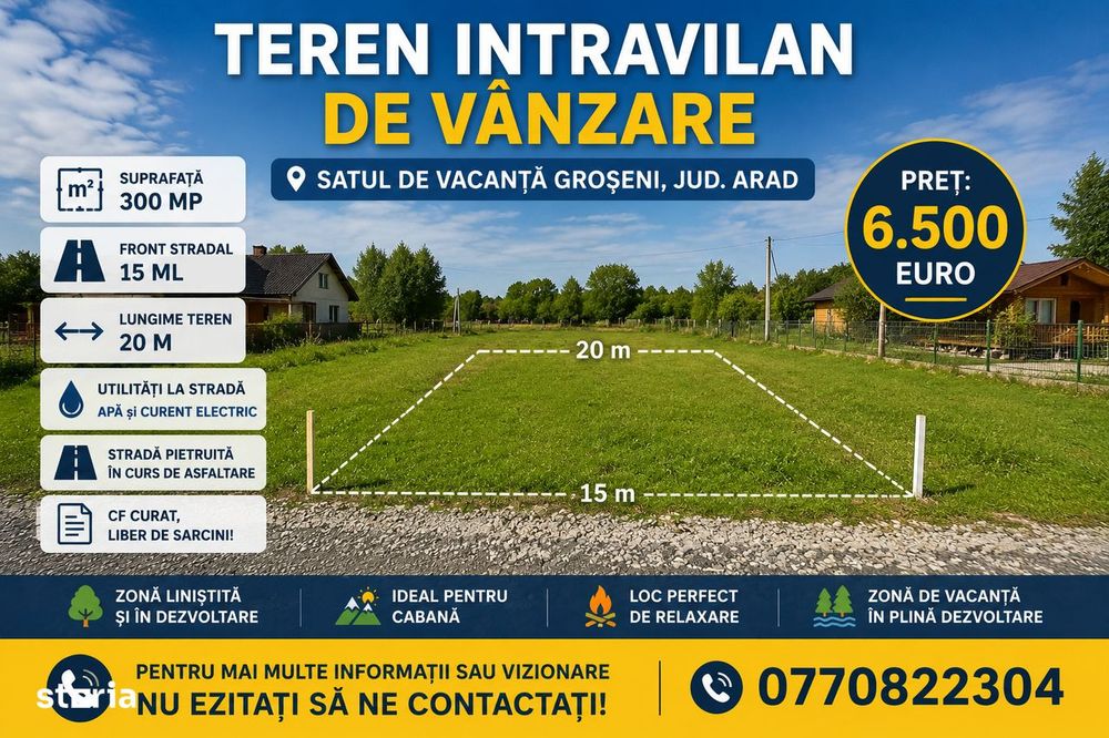 Vand Teren Intravilan 300mp. în Satul de Vacanta Groseni, Jud. Arad.