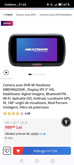 Camera auto DVR 4K Nextbase NBDVR622GW , Display IPS 3" HD, Stabilizat