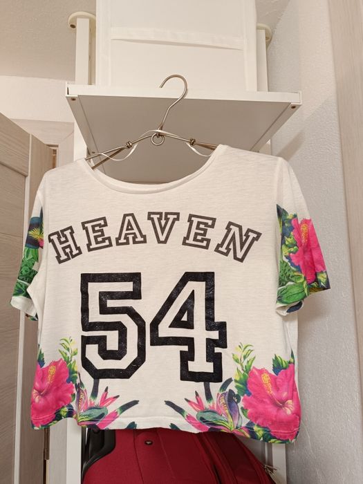 Tricou scurt alb cu model floral incriptiona Heaven54, S/M