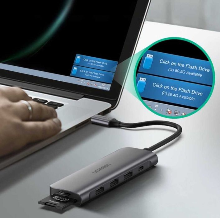 Хъб UGREEN, 6 в 1, USB-C към 2 x USB 3.0, HDMI 4K, microSD и USB-C