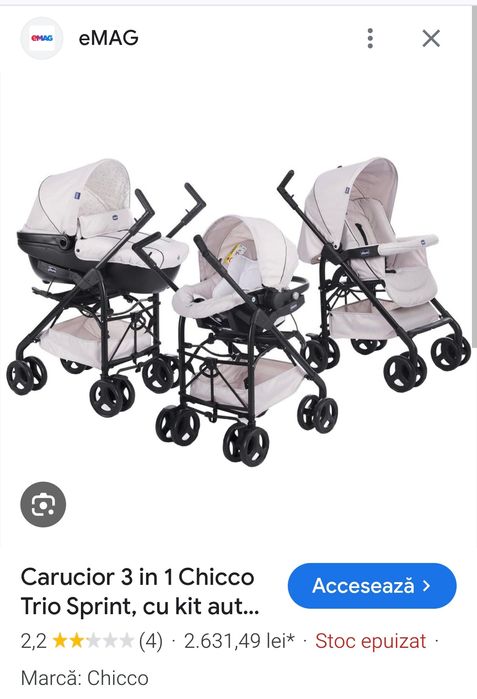 Carucior 3 in 1 Chicco Trio Sprint, cu kit auto, Bej