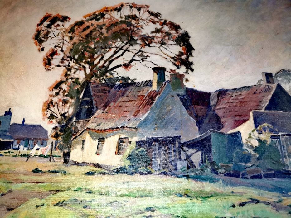 Картина платно рамка паспарту пейзаж селска къща авторска подписана