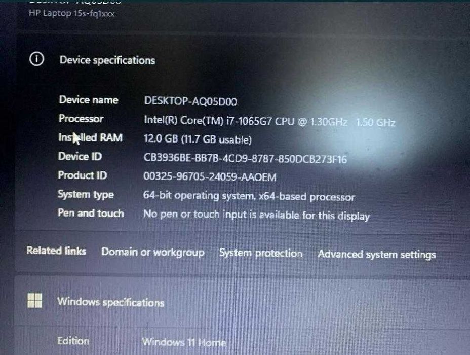 HP 15s-fq1105n; Intel® Coret™ i7-1065G7