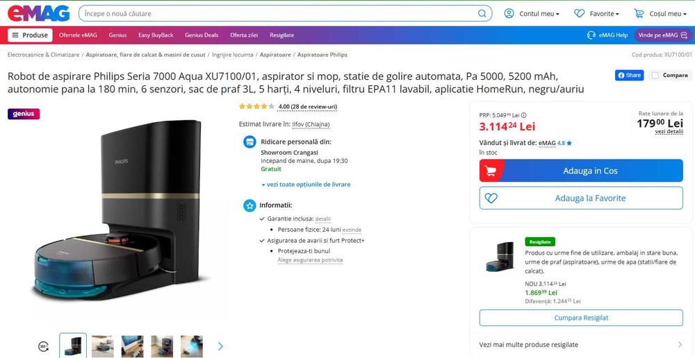 Ca NOU + IN GARANTIE: Aspirator Philips Seria 7000 cu mop, statie golire automata, autonomie max 180 min, 5 harţi, filtru EPA11 lavabil, HomeRun app