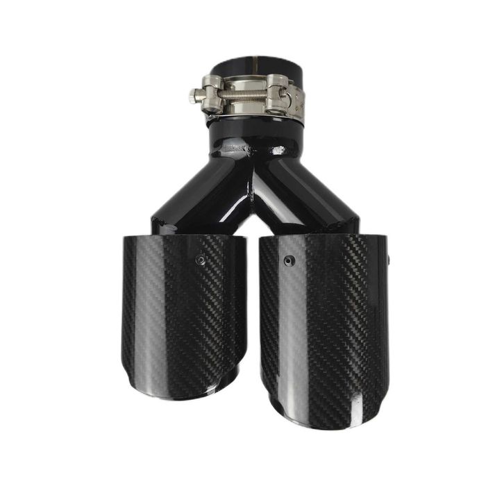 Set Tipsuri Duble Evacuare 63mm Carbon Lucios, Colier Inclus,Universal