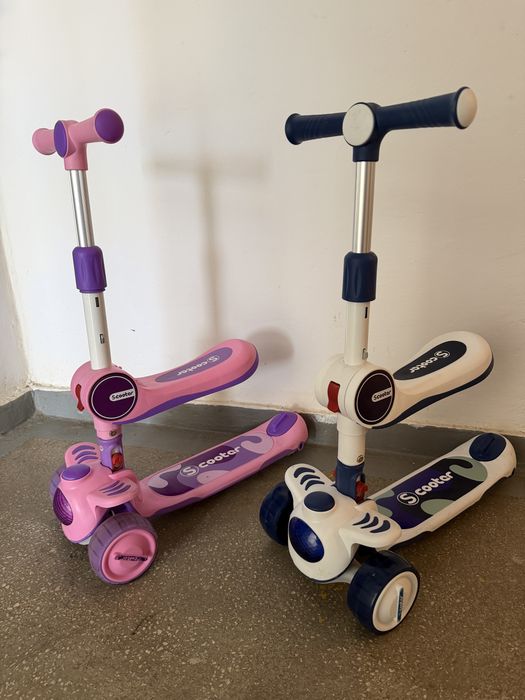 Trotineta copii 2 in 1 Scooter, pliabila, cu sunete si 3 roti cu lumini, roz