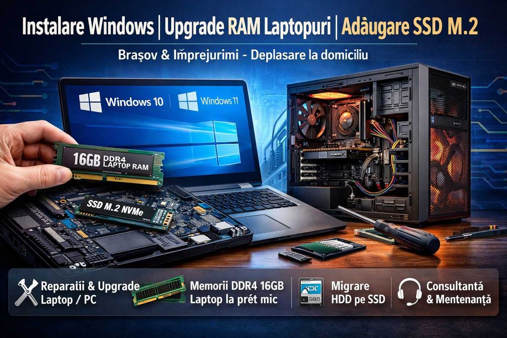 Instalare Windows | Upgrade Ram Laptopuri | Adaugare SSD M2