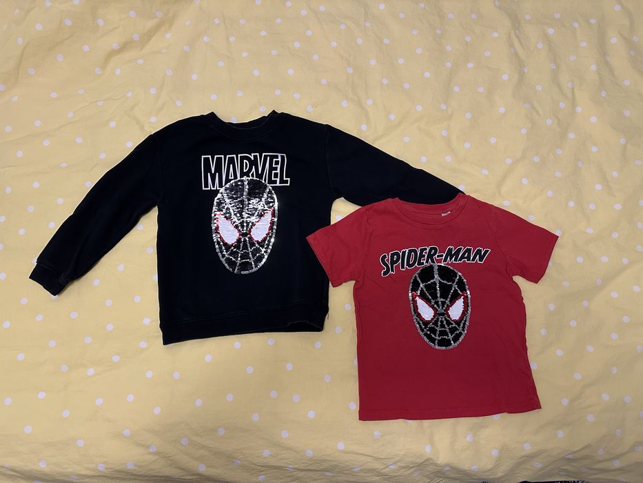 Bluza trening si tricou H&M, Spiderman, paiete reversibile, 110/116 cm