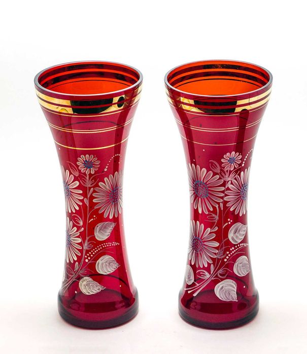 2 красные вазы с белой апликацией "Ромашки" - #Богема #Чехословакия