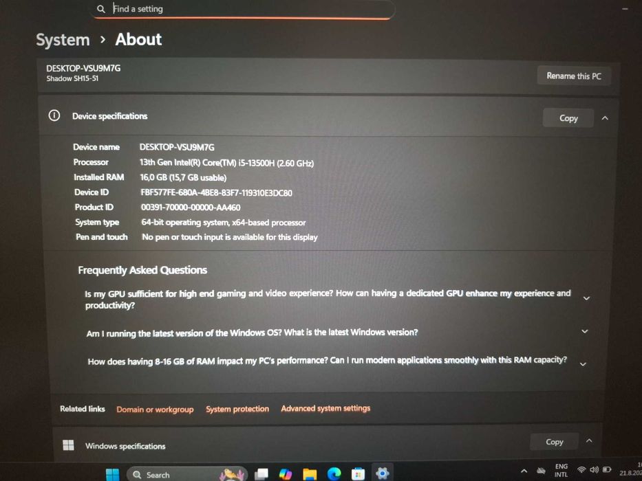 Acer Shadow  геймърски лаптоп,модел 24г.Използван около 3м.