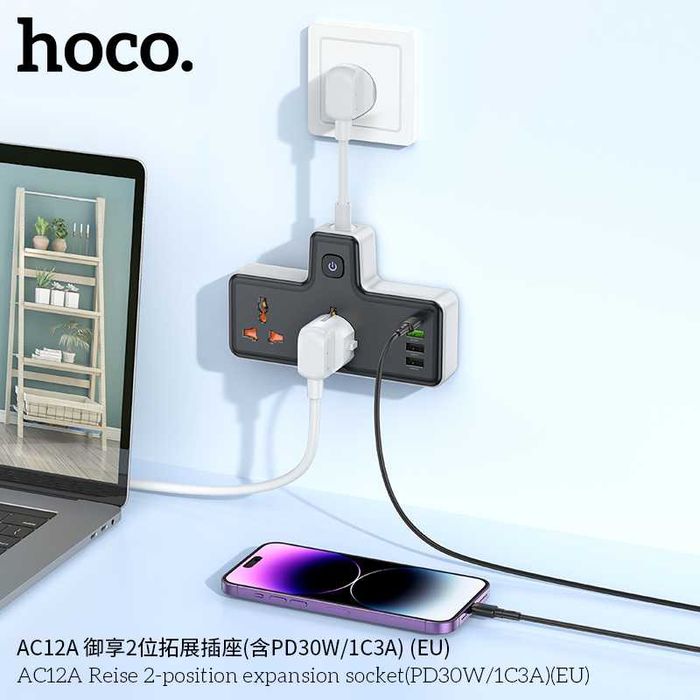 Hoco AC12A Reise Сетевой фильтр 2 розетками и USB-портами PD30W EU/GER