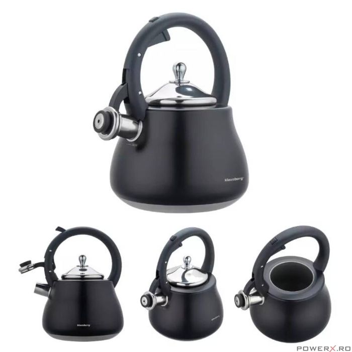 Ceainic, fierbator cu fluier, otel inoxidabil, negru cu elemente