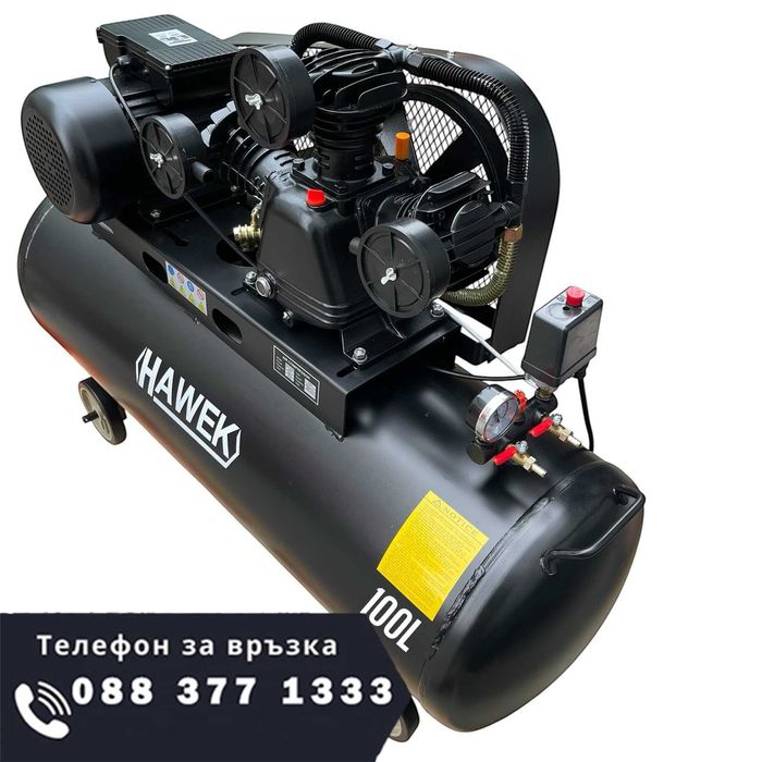 НЕМСКИ Компресор За Въздух 100 Литра HAWEK HW-3012 + ЛЕД ФЕНЕР