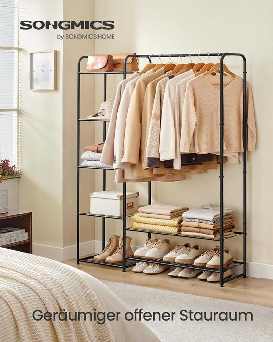 Suport haine metalic cu rafturi, Songmics, 29 × 112 × 158.4 cm, negru