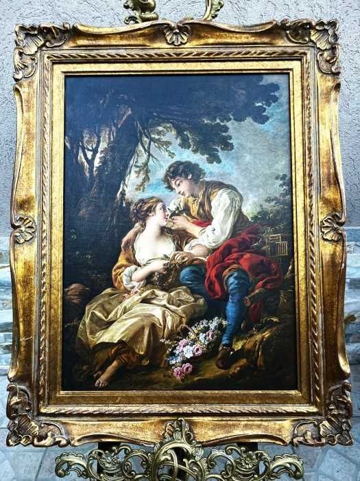 Elegant tablou in stil rococo-Idila pastorala-Francois Boucher-rama baroc din lemn-Franta