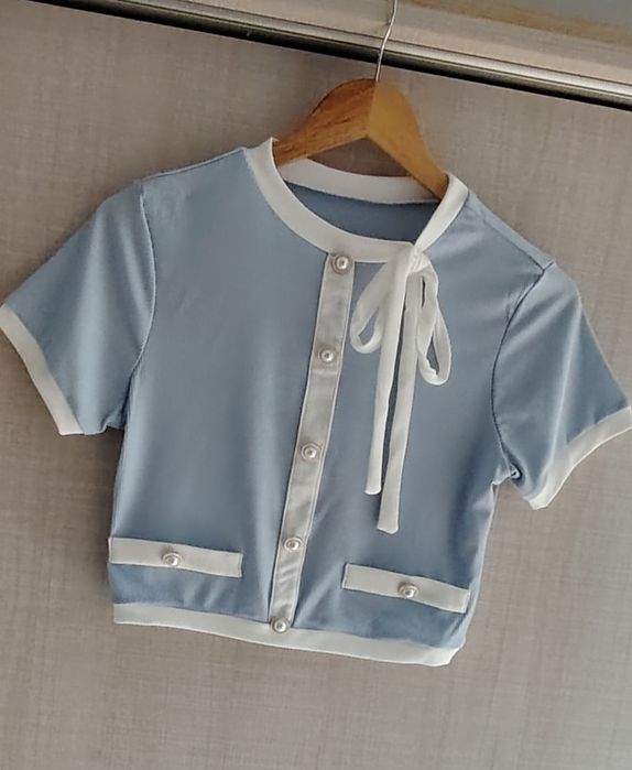 CropTop /Top Nou cu nasturi perlă și Fundiță chic la gât