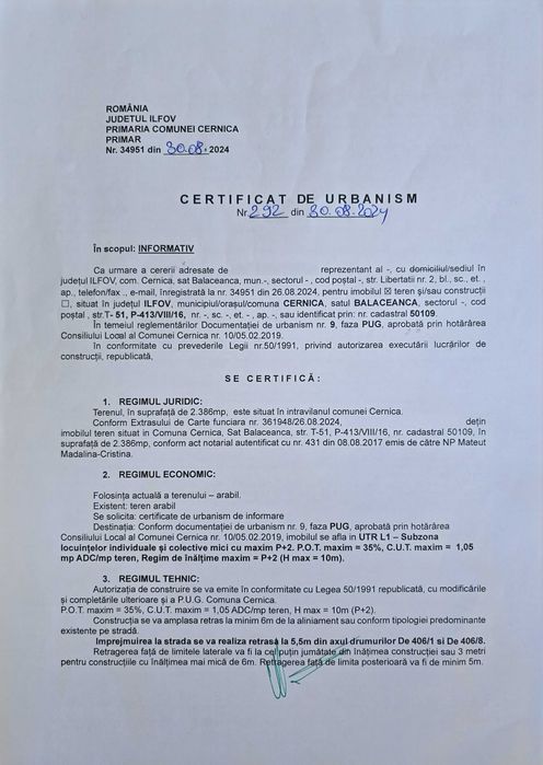 Proprietar,Teren Cernica,Balaceanca,intralvilan,360(utili)+200mp(drum)