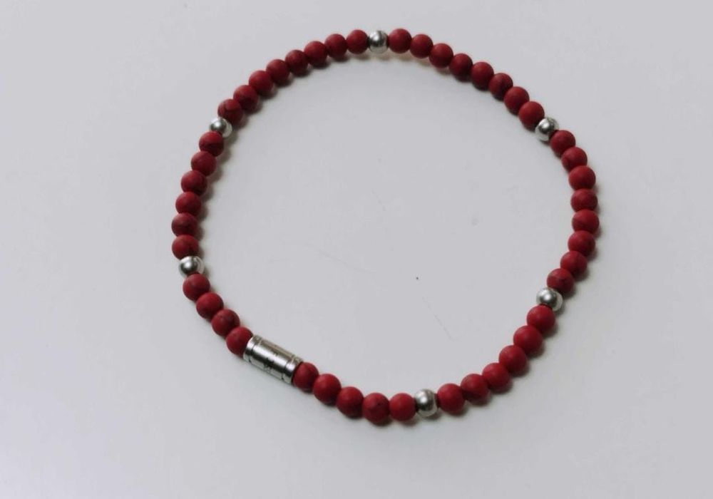 Bratara unisex Fossil elastica, marmura roșie si oțel inoxidabil,copii