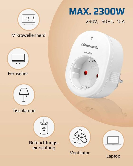 Priză Wireless cu Telecomandă DEWENWILS, Set 5 Prize + 2 Telecomenzi, 2300W, 30 m, Alb