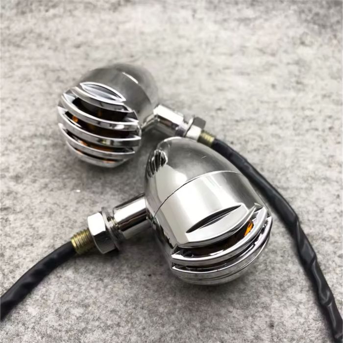Semnalizari moto crom full metal cu grilaj chopper bobber cruiser etc