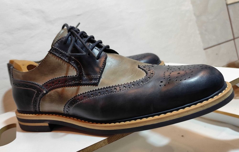 Pantofi derby 46 brogue Nicola Benson piele naturala moale navy gri