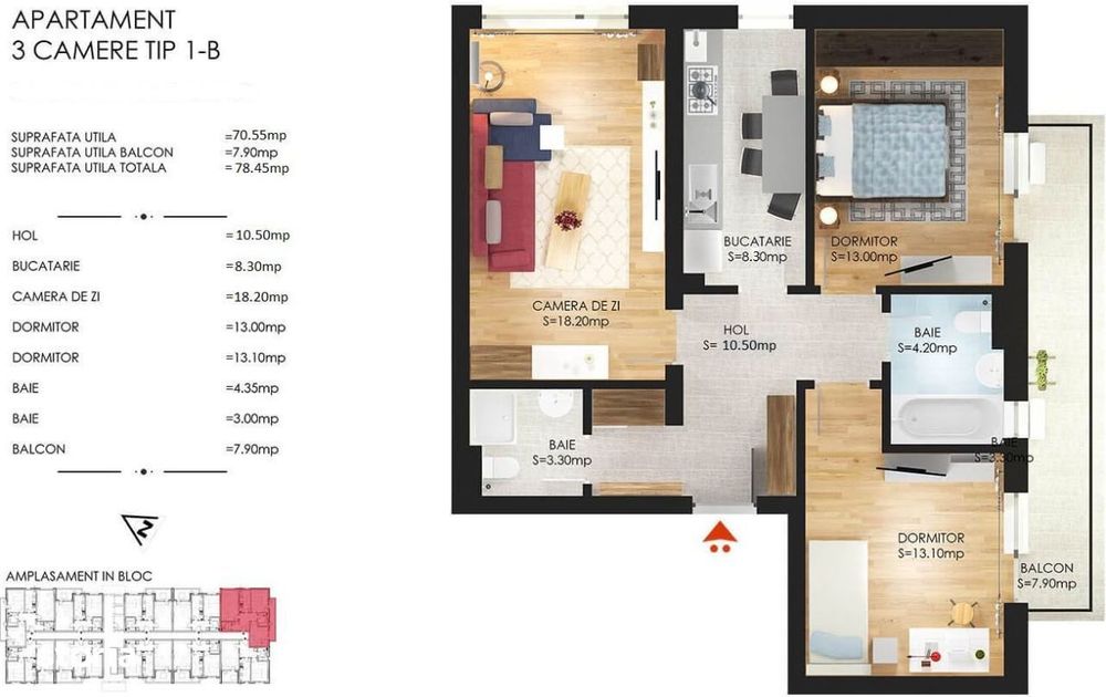 Apartament 3 camere Finalizat , etaj 1/8, Cartierul Solar,parc Arghezi