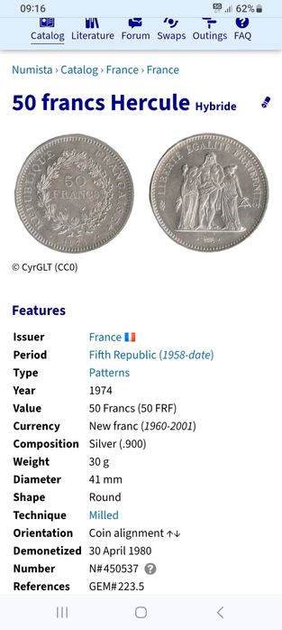 Monedă argint 50 francs 1974